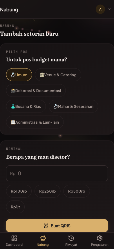 Layar membuat setoran: pilih pos anggaran, nominal, dan tombol Buat QRIS